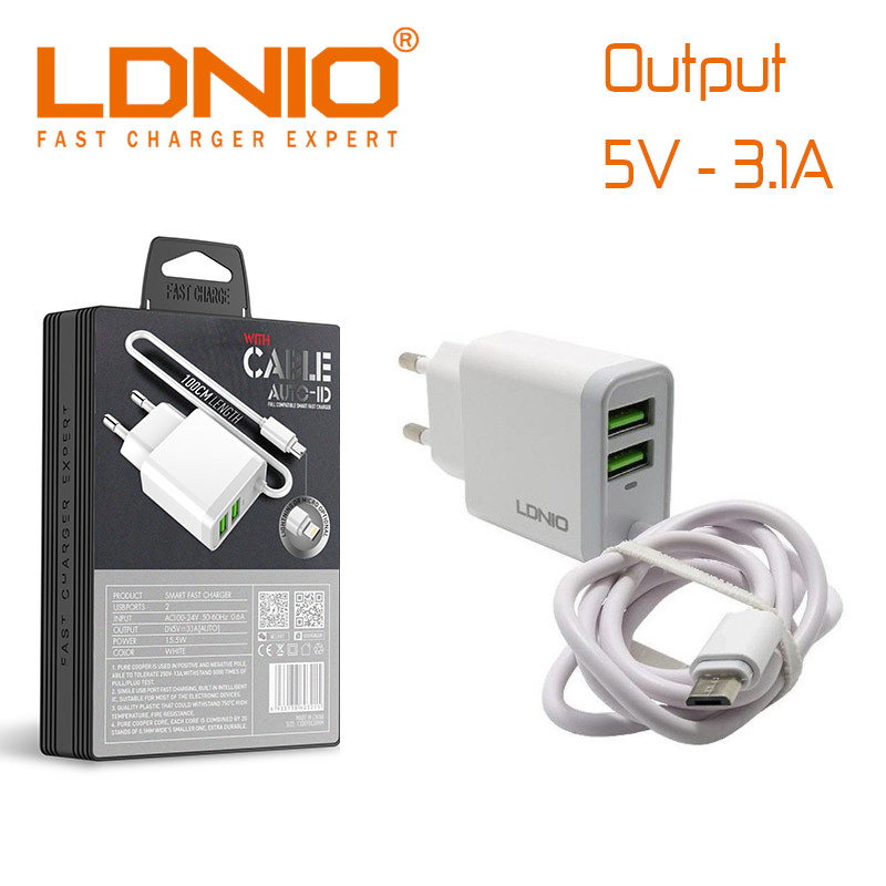 Fast Chargeur LDNIO 3.1A 2*USB A321 Micro-USB Cable 1m