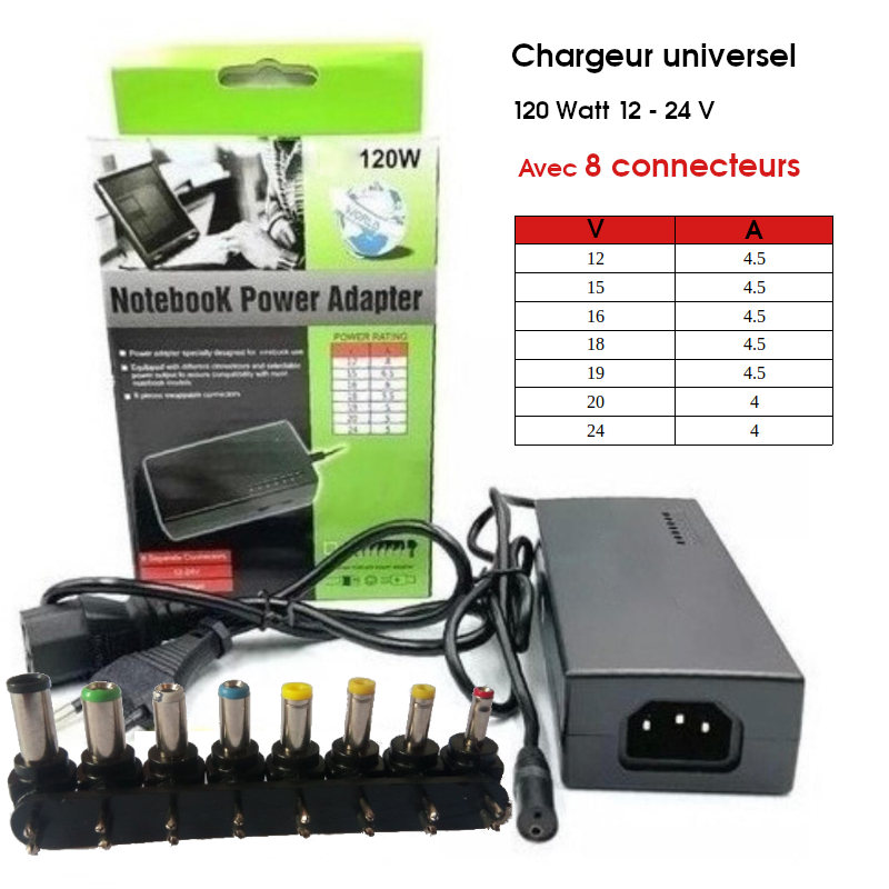 Chargeur universel 120W 12/24V avec 8 connecteurs - CAPMICRO