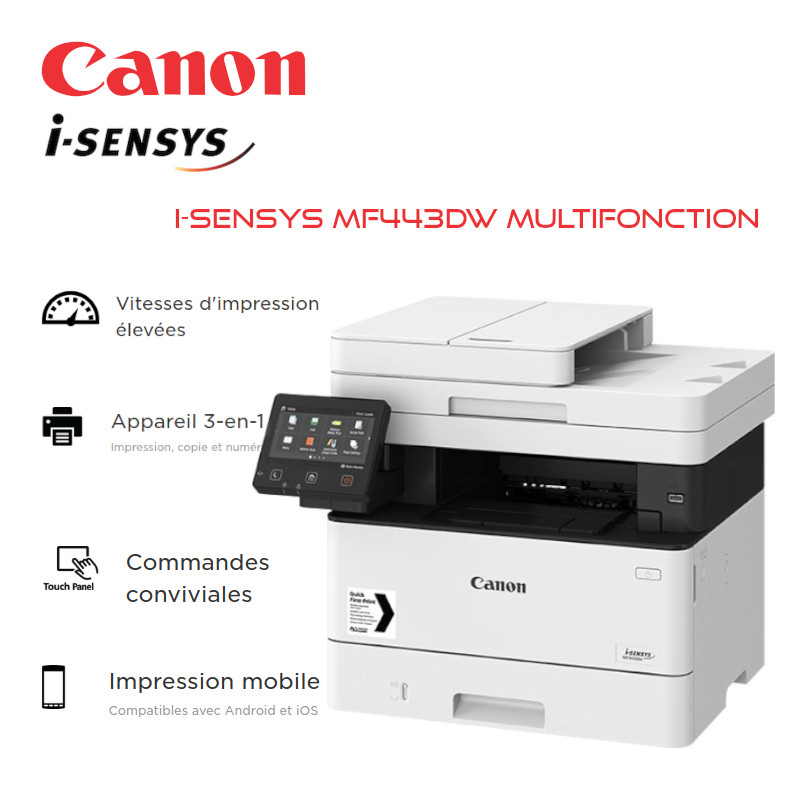 Canon - I-Sensys MF445dw - multifonction (impression copie scan) laser,  noir et blanc, A4, chargeur dspf, recto verso en impression, copie, scan,  38 ppm