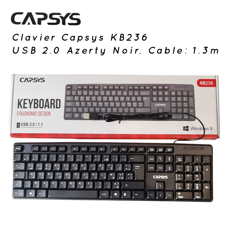 Clavier Capsys KB236 USB 2.0 Azerty Noir, Cable: 1.3m