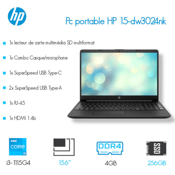 Laptop HP 15-dw3024nk i3-1115G4 4GB 256SSD 15.6″ Noir image #00