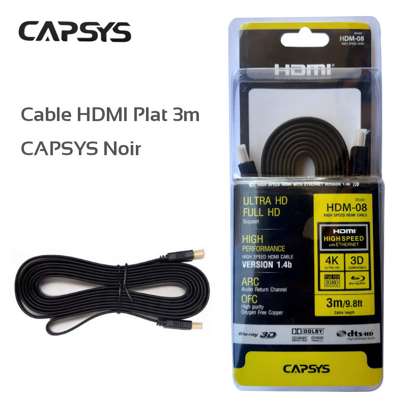 Cable HDMI Plat 3m CAPSYS Noir, Ethernet version 1.4b - CAPMICRO