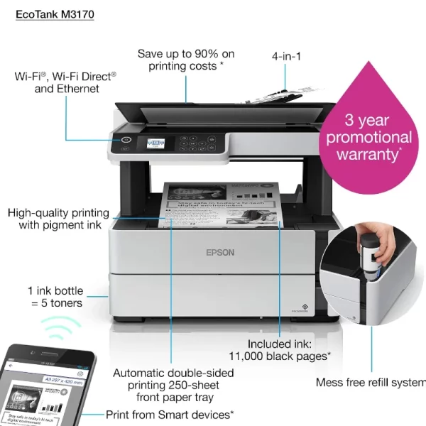 Imprimante Epson Wifi FAX M3170 EcoTank Multifonction mono 4en1 image #03