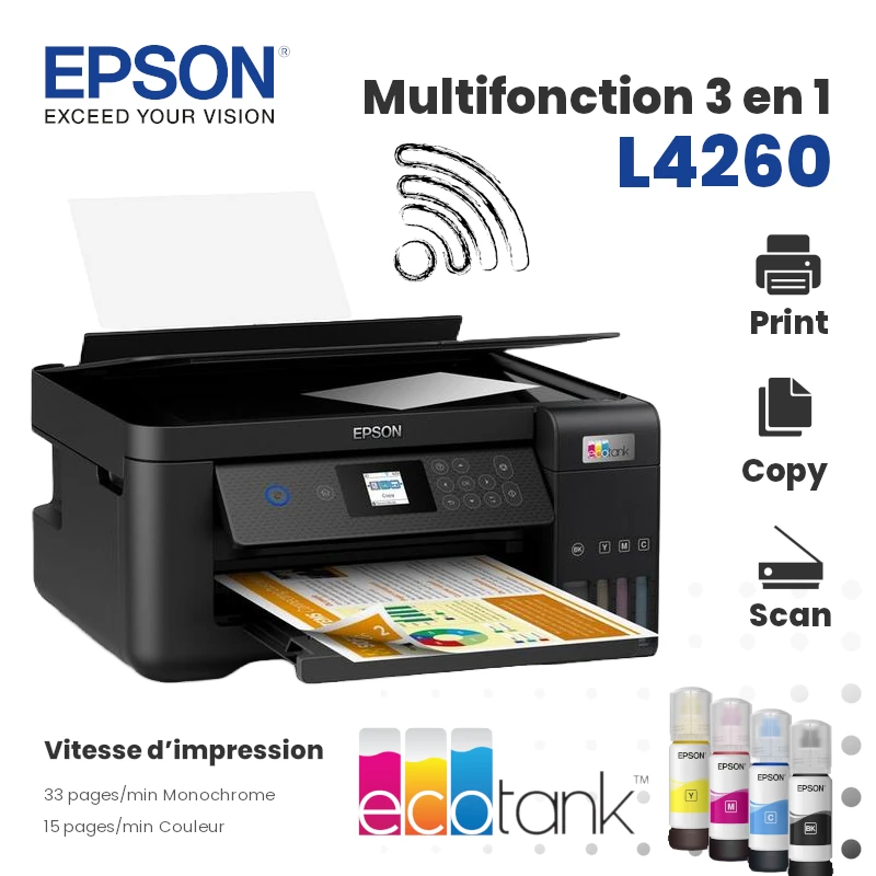 Epson L3260 - Imprimante multifonctions - couleur - jet d'encre -  rechargeable - A4/Legal (support) - jusqu'à 10 ppm (impression) - 100  feuilles - USB, Wi-Fi - noir - Imprimante multifonctions