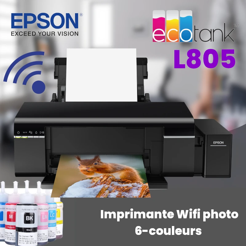 Epson L805 Photo Imprimante A4 à 6 Couleurs d'impression, Réservoir D'encre  Intégré, Wi-Fi, USB et CD Noir - tekcom