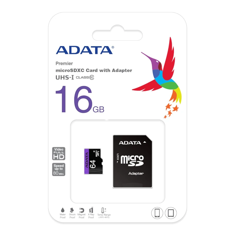 Carte Mémoire Adata 16Go microSDHC + adaptateur - CAPMICRO